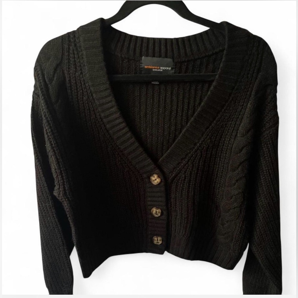 Women's Black Cable Knit Cardigan With Brown Buttoms Like New Used Once
